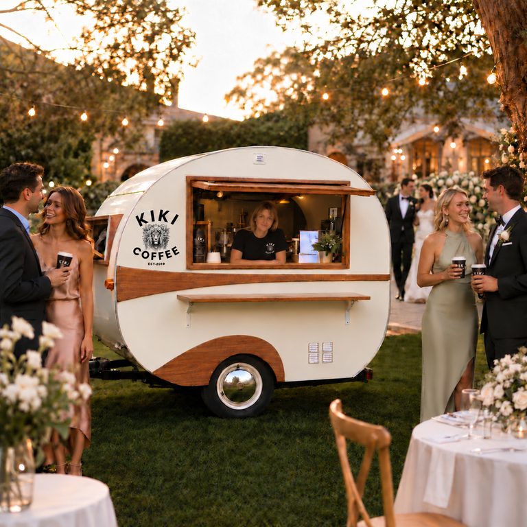 The KIKI Coffee van serving guests at an evening garden event